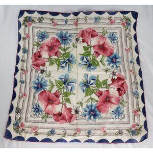 Vintage Linen Floral Handkerchief Navy Blue Red Trim Flowers